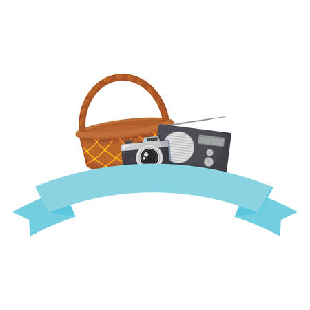 picnic basket with photographic camera and radio with decorative ribbon over white background, vector illustrationのイラスト素材
