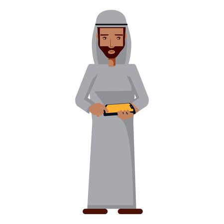 arabic man standing and using a cellphone over white background, vector illustrationのイラスト素材