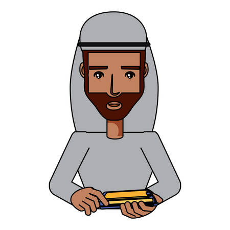 arabic man using a cellphone over white background, vector illustrationのイラスト素材