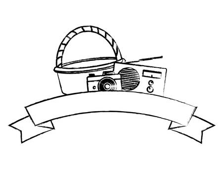 picnic basket with photographic camera and radio with decorative ribbon over white background, vector illustrationのイラスト素材
