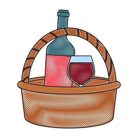 picnic basket with wine bottle and glass icon over white background, vector illustrationのイラスト素材