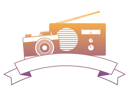 decorative ribbon with photographic camera and radio over white background, vector illustrationのイラスト素材