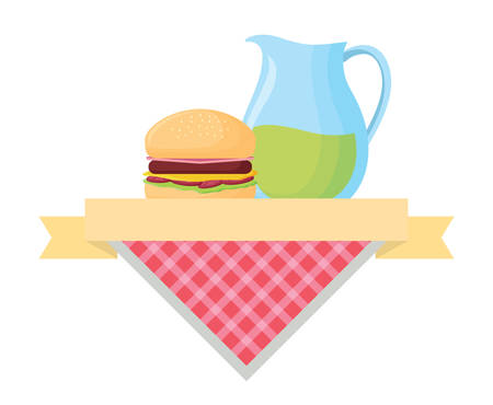 picnic emblem with lemonade pitcher and hamburger over white background, vector illustrationのイラスト素材