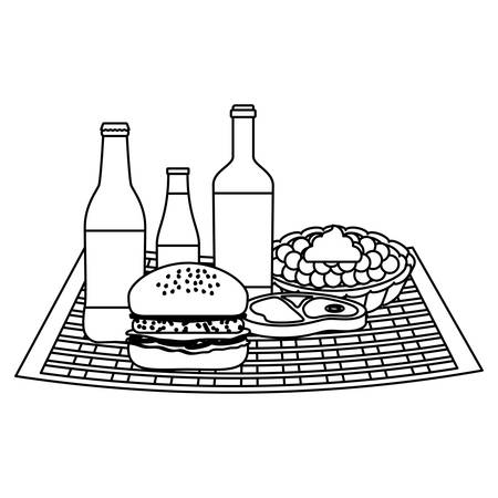 Picnic tablecloth with hamburger and food over white background, vector illustrationのイラスト素材