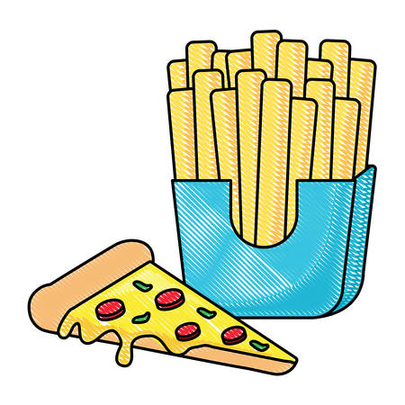pizza and french fries over white background, vector illustrationのイラスト素材