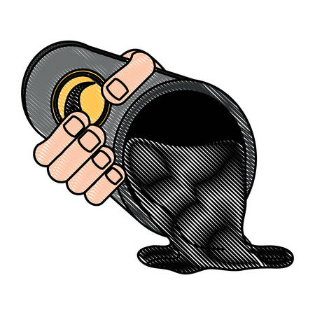 hand holding a oil Barrel with spilled liquid icon over white background, vector illustrationのイラスト素材