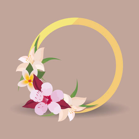 circular ornament of tropical flowers with leaves over brown  background, colorful design. vector illustrationのイラスト素材