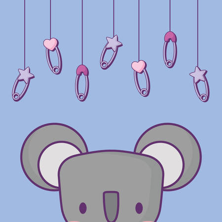 baby shower design with cute koala and baby pins hanging over blue background, colorful design. vector illustrationのイラスト素材