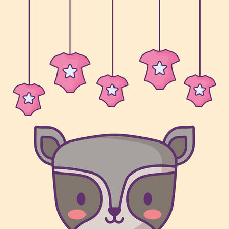 baby shower design with cute raccoon and baby clothes hanging over yellow background, colorful design. vector illustrationのイラスト素材