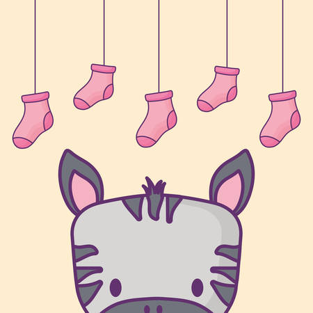 baby shower design with cute zebra and baby socks hanging over yellow background, colorful design. vector illustrationのイラスト素材