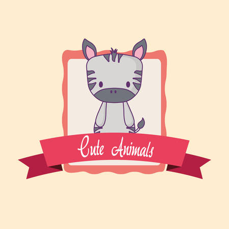 Cute animals emblem with decorative ribbon and cute zebra icon over yellow background, colorful design. vector illustrationのイラスト素材