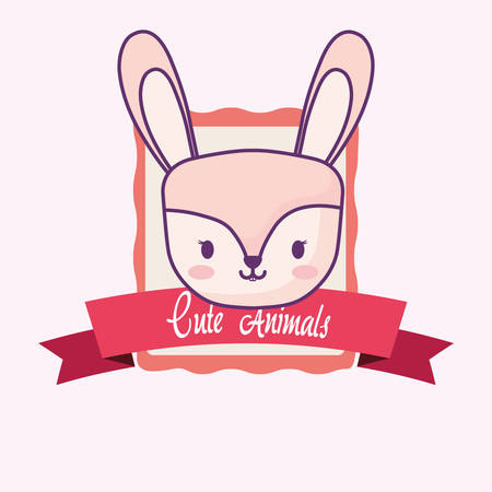 Cute animals emblem with decorative ribbon and cute rabbit icon over pink background, colorful design. vector illustrationのイラスト素材