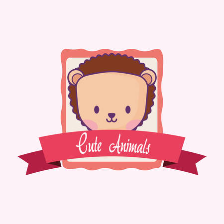 Cute animals emblem with decorative ribbon and cute porcupine icon over pink background, colorful design. vector illustrationのイラスト素材
