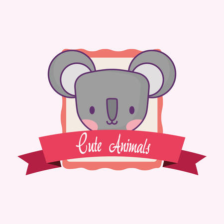 Cute animals emblem with decorative ribbon and cute koala icon over pink background, colorful design. vector illustrationのイラスト素材