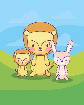cute lions and rabbit over landscape background, colorful design. vector illustrationのイラスト素材