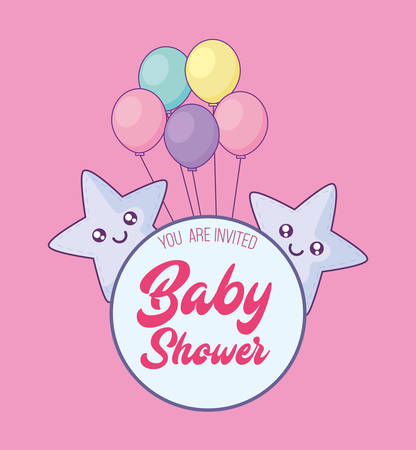 Baby shower invitation with cute stars and balloons over pink background, colorful design. vector illustrationのイラスト素材