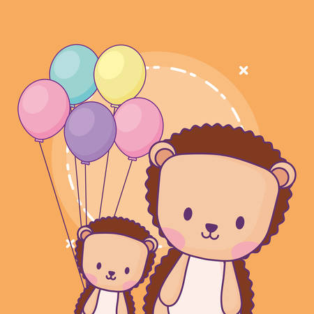cute porcupines with balloons over orange background, colorful design. vector illustrationのイラスト素材