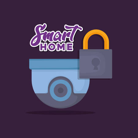 security camera and padlock over purple background, colorful design. vector illustrationのイラスト素材
