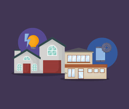 modern houses with smart home related icons  over blue background, colorful design. vector illustrationのイラスト素材