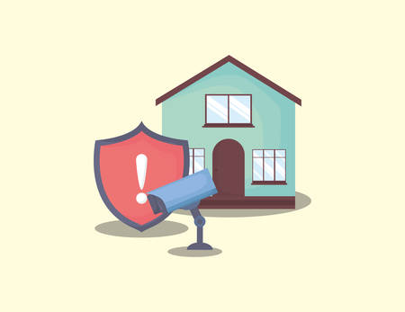 modern house with shield and security camera icon over yellow background, colorful design. vector illustrationのイラスト素材