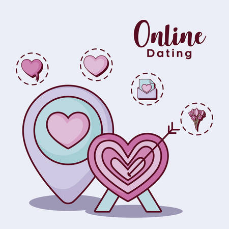 location pin and target  with online dating related icons over  purple background, colorful design. vector illustrationのイラスト素材