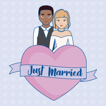Just married couple and heart with decorative ribbon over blue background, colorful design. vector illustrationのイラスト素材