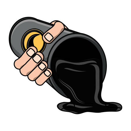 hand holding a oil Barrel with spilled liquid icon over white background, vector illustrationのイラスト素材