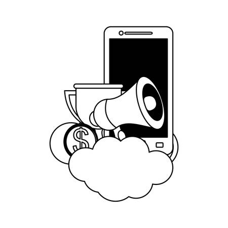 cloud with cellphone and megaphone over white background, vector illustrationのイラスト素材