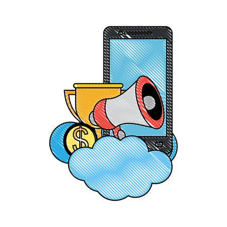 cloud with cellphone and megaphone over white background, vector illustrationのイラスト素材
