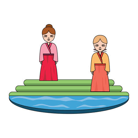 Asian women wearing a kimono in the park over white background, colorful design. vector illustrationのイラスト素材