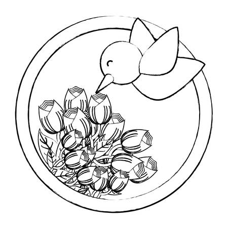 circular frame with roses and cute bird icon over white background, vector illustrationのイラスト素材
