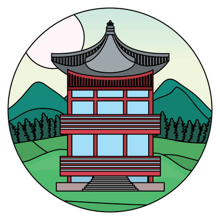 iconic asian landmark over landscape in circle shape and white background, vector illustrationのイラスト素材