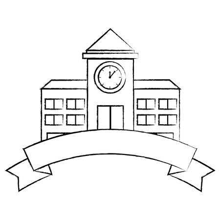 school emblem design with decorative ribbon and school building over white background, vector illustrationのイラスト素材