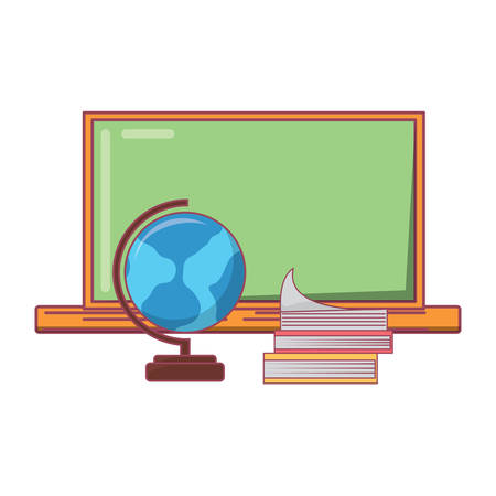 school chalkboard with books and geography tools over white background, vector illustrationのイラスト素材