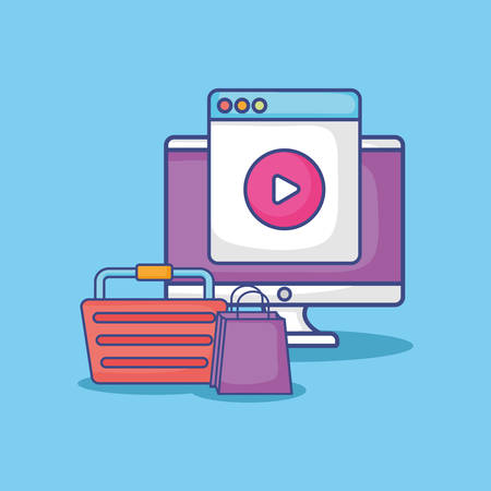 computer and briefcase over blue background, colorful design. vector illustrationのイラスト素材