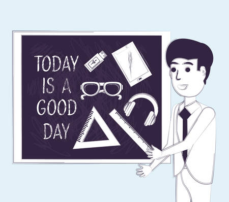 businessman at the office with related icons over blue background, sketch design. vector illustrationのイラスト素材