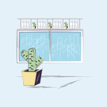window and cactus pot over blue background, colorful sketch design. vector illustrationのイラスト素材