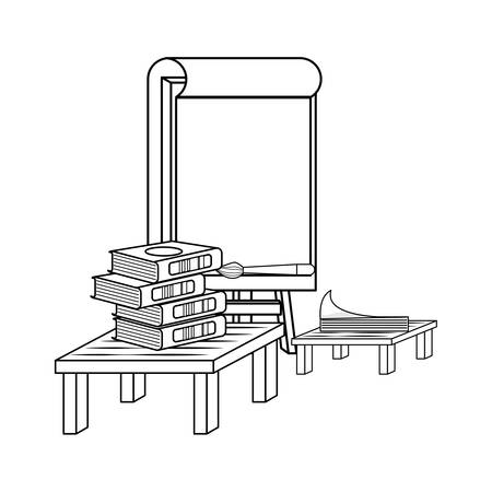 table with books and painting canvas icon over white background, vector illustrationのイラスト素材