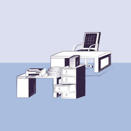 Office with desk and drawers with a printer over blue background, colorful sketch design. vector illustrationのイラスト素材