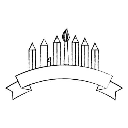 school emblem design with decorative ribbon and writing tools over white background, vector illustrationのイラスト素材