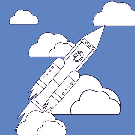 space rocket at the clouds over blue background, colorful design. vector illustrationの写真素材