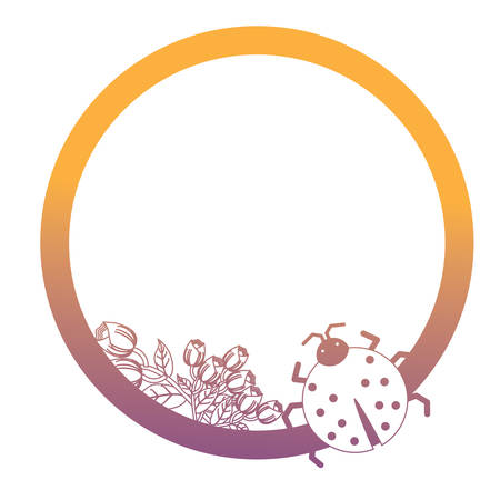 decorative circular frame with flowers and ladybug icon over white background, vector illustrationのイラスト素材