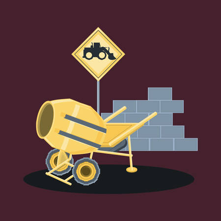 construction design with concrete mixer and bricks wall over purple background, colorful design. vector illustrationのイラスト素材