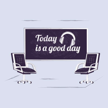 office workplace design with chairs over blue background, sketch design. vector illustrationの写真素材