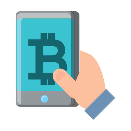 hand holding a cellphone with bitcoin symbol icon over white background, vector illustrationのイラスト素材