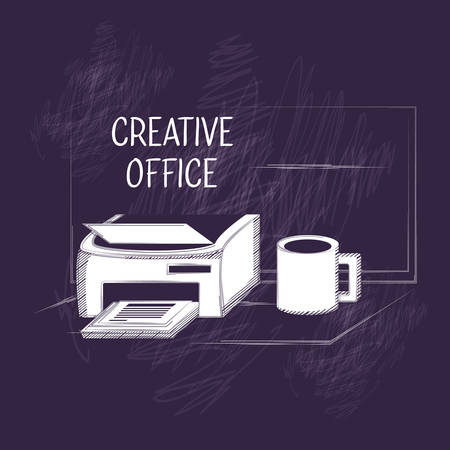creative office design with printer and coffee mug  icon over blue background, sketch design. vector illustrationのイラスト素材