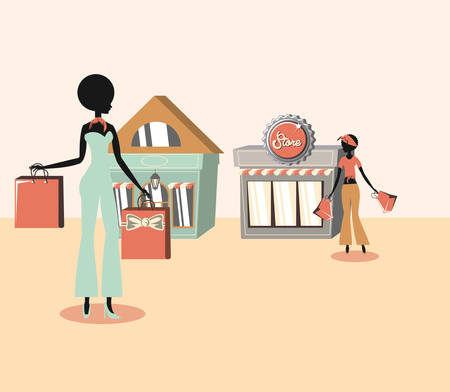 two women carrying handbags and retro stores facade vector illustrationのイラスト素材