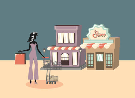 woman holds shopping bag and retro store grunge style vector illustrationのイラスト素材