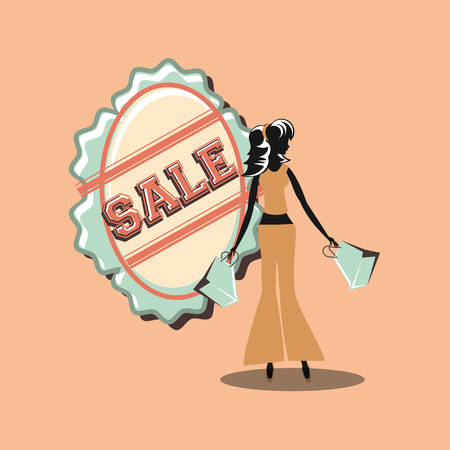 vintage design with silhouette of fashion girl and sale seal stamp over orange background, vector illustrationのイラスト素材