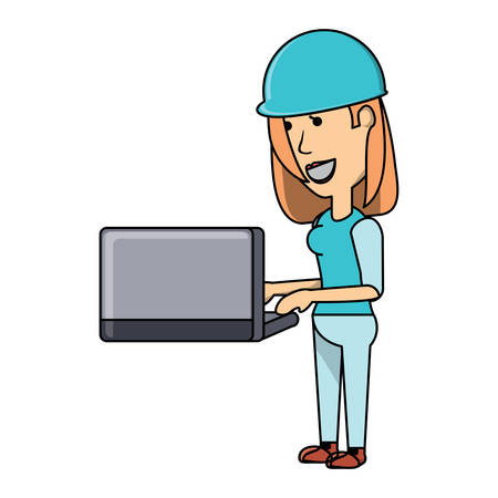 Cryptocurrency mining design with cartoon woman using a laptop computer icon over white background, vector illustrationのイラスト素材